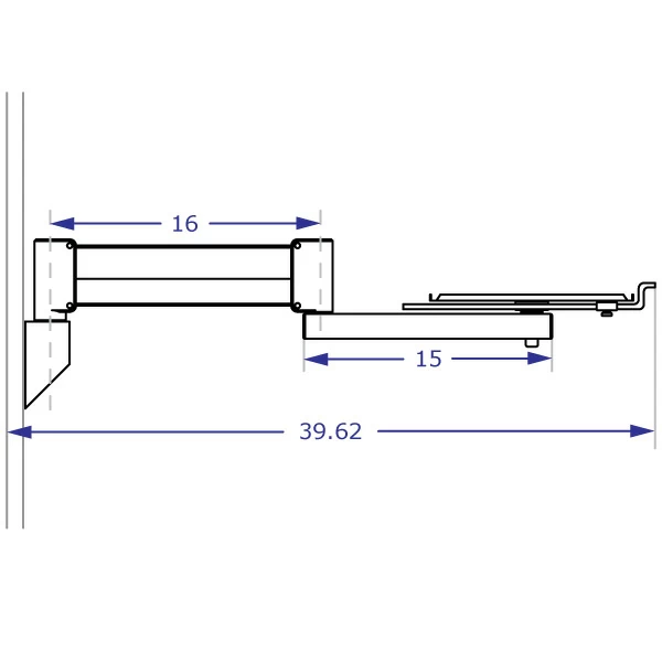 COMBO4 Specification drawing of track mount and EQP3418 equipment platform arm in horizontal position from side view