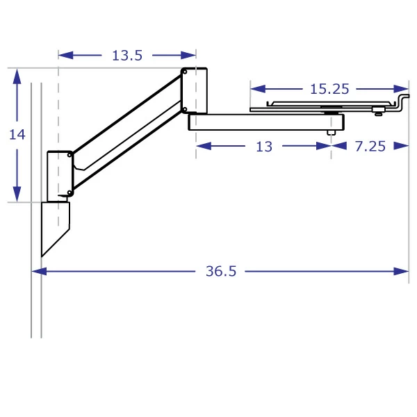 COMBO4 Specification drawing of track mount and EQP3418 equipment platform arm in highest position in side view