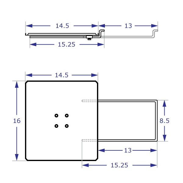 COMBO4 Specification drawing of the 14.5"x16" platform in top view