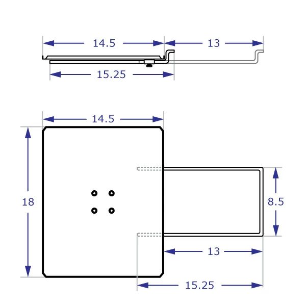 COMBO4 Specification drawing of the 14.5"x18" platform in top view
