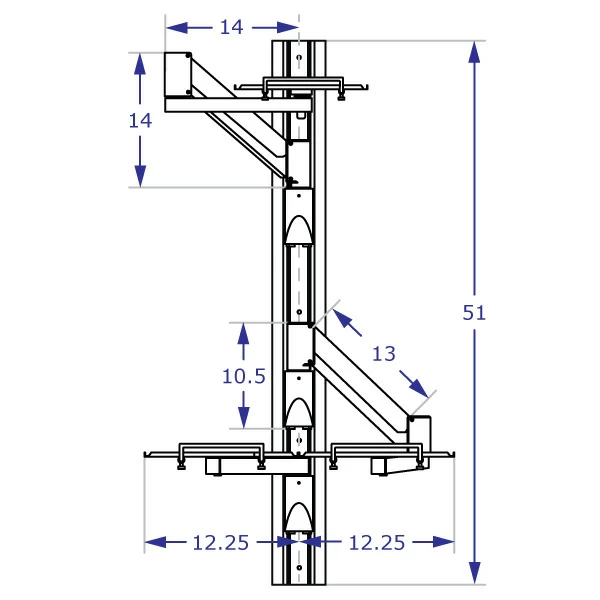 COMBO4 Specification drawing of 51 inch wall track with 2 equipment platform arms illustrate trays arms folded toward center in raised and lowered orientations