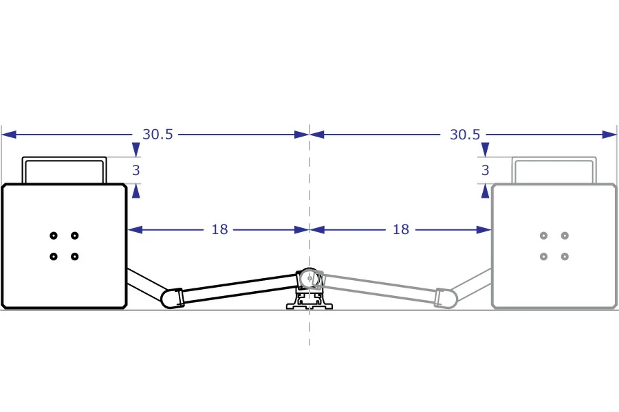COMBO4 Specification drawing of top view of two EQP3418 equipment platforms with arms extended