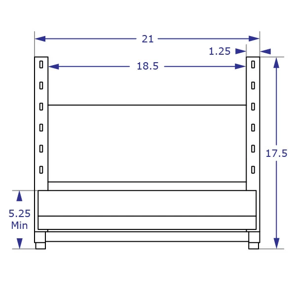 FRL2016 height-adjustable footrest specification drawing front view in lowest position with measurements