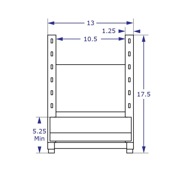 FRS1216 height-adjustable footrest specification drawing front view in lowest position with measurements