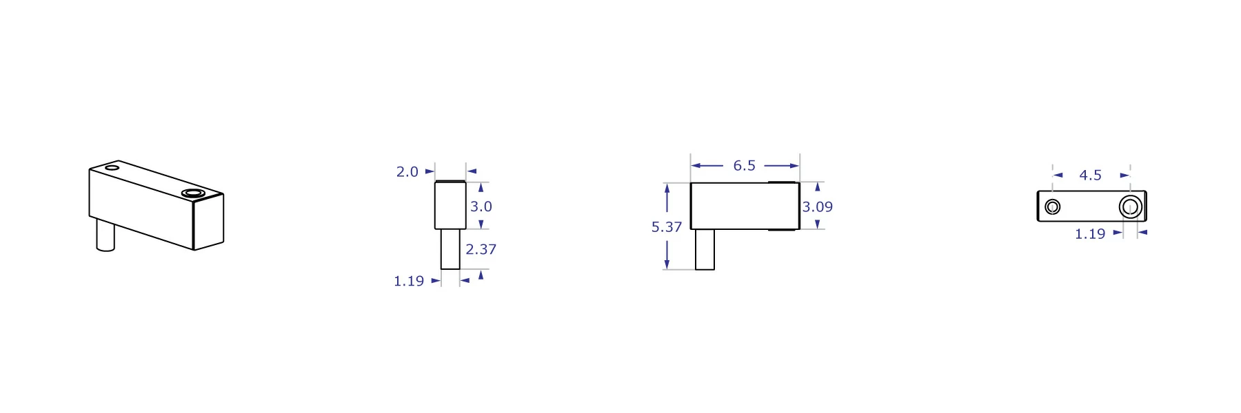 HDEXT 4.5 inch single pin heavy-duty extension specification drawings showing measurements for front, side and top views