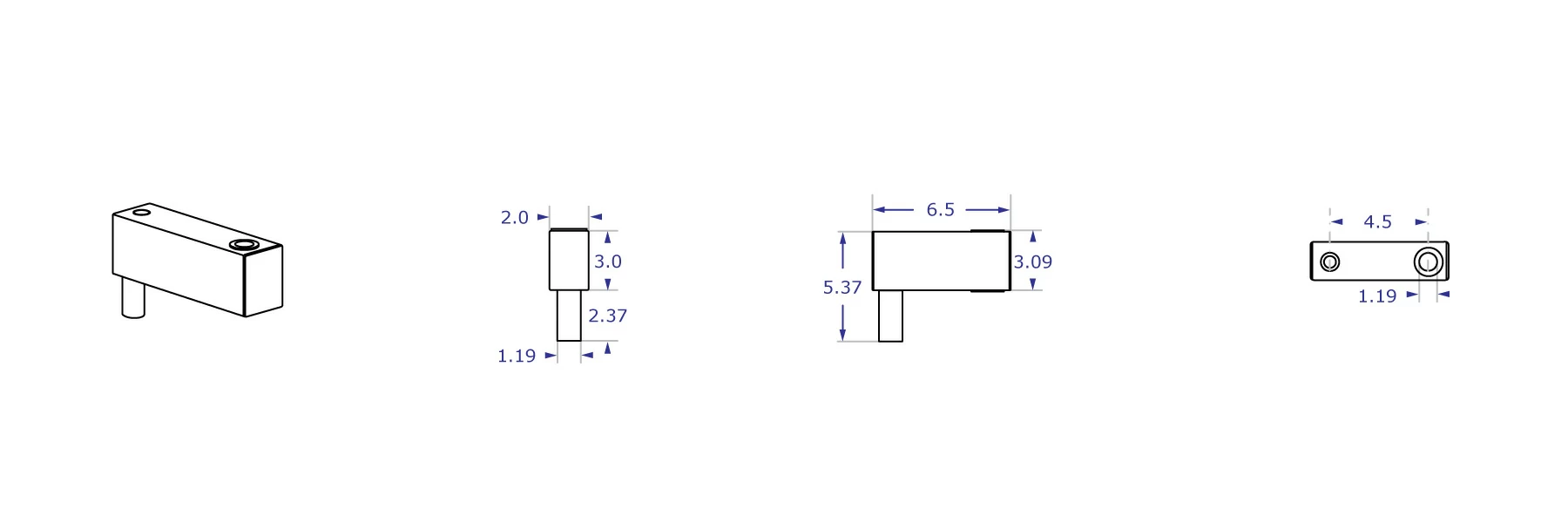 HDEXT 4.5" heavy-duty mount extension specification drawing shown from front, side and top with measurements