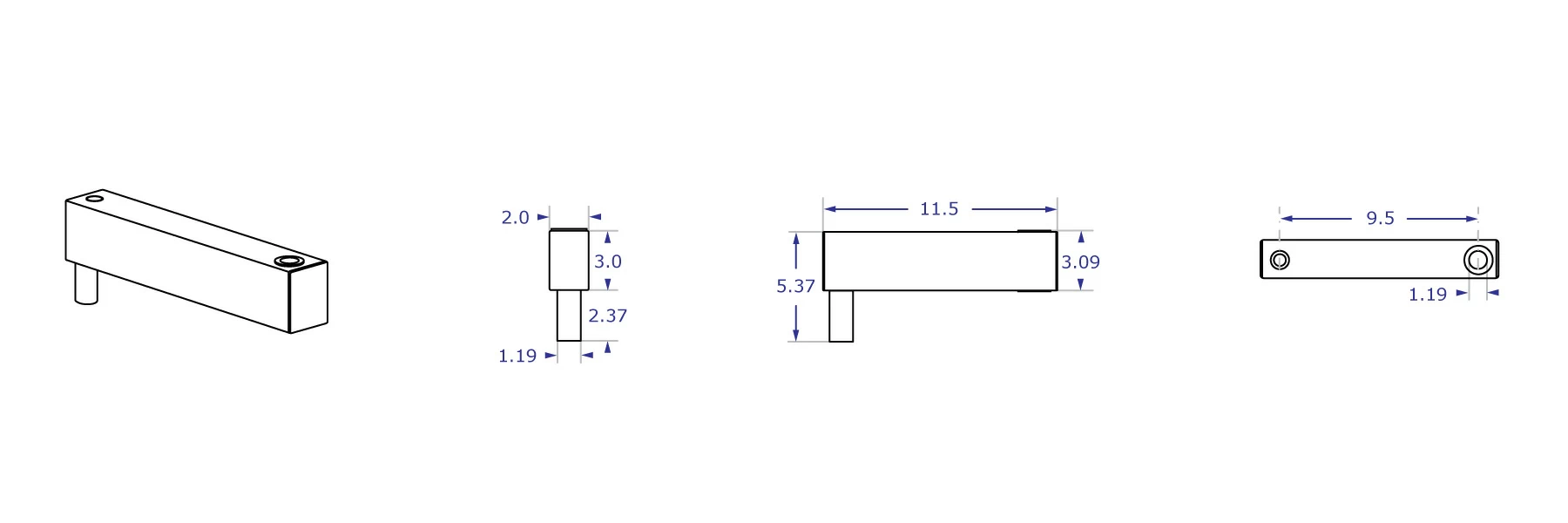 HDEXT 9.5 inch single pin heavy-duty extension specification drawings showing measurements for front, side and top views