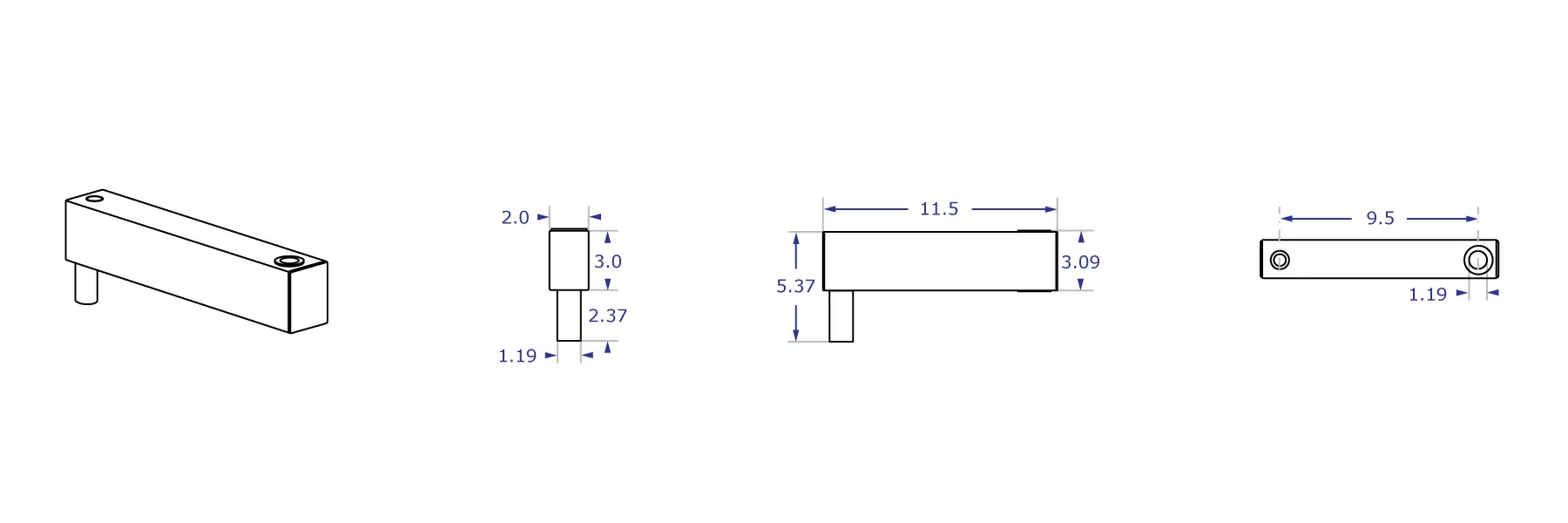 HDEXT 9.5" heavy-duty mount extension specification drawing shown from front, side and top with measurements