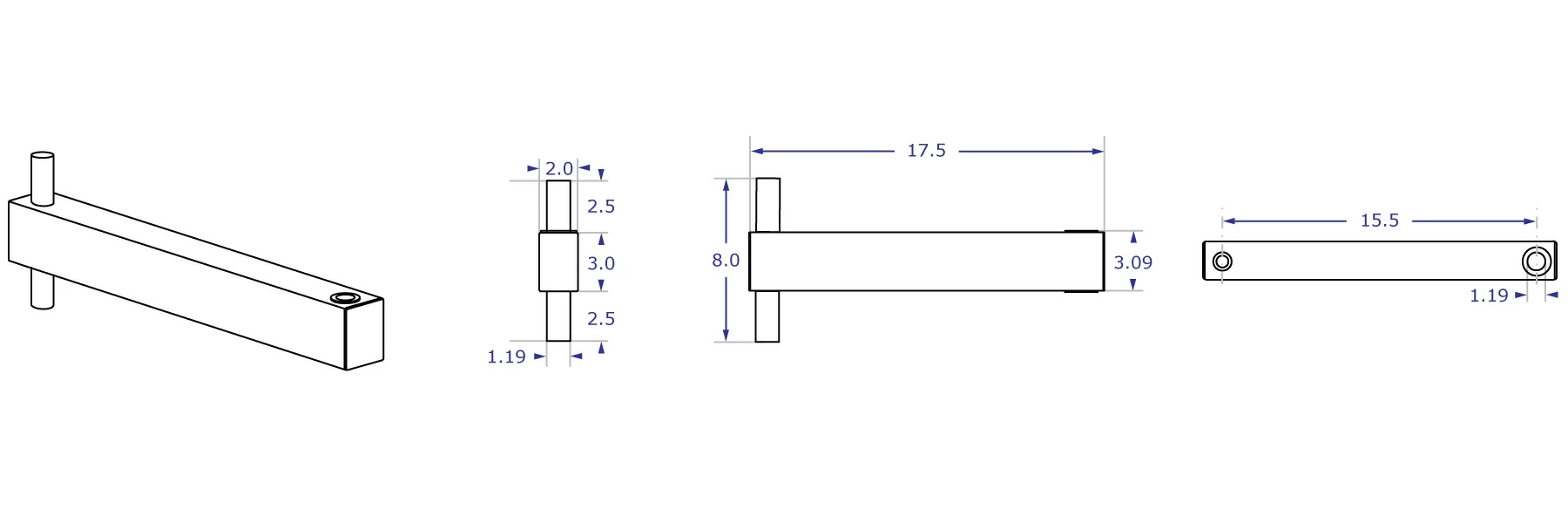 HDEXT 15.5 inch dual pin heavy-duty extension specification drawings showing measurements for front, side and top views