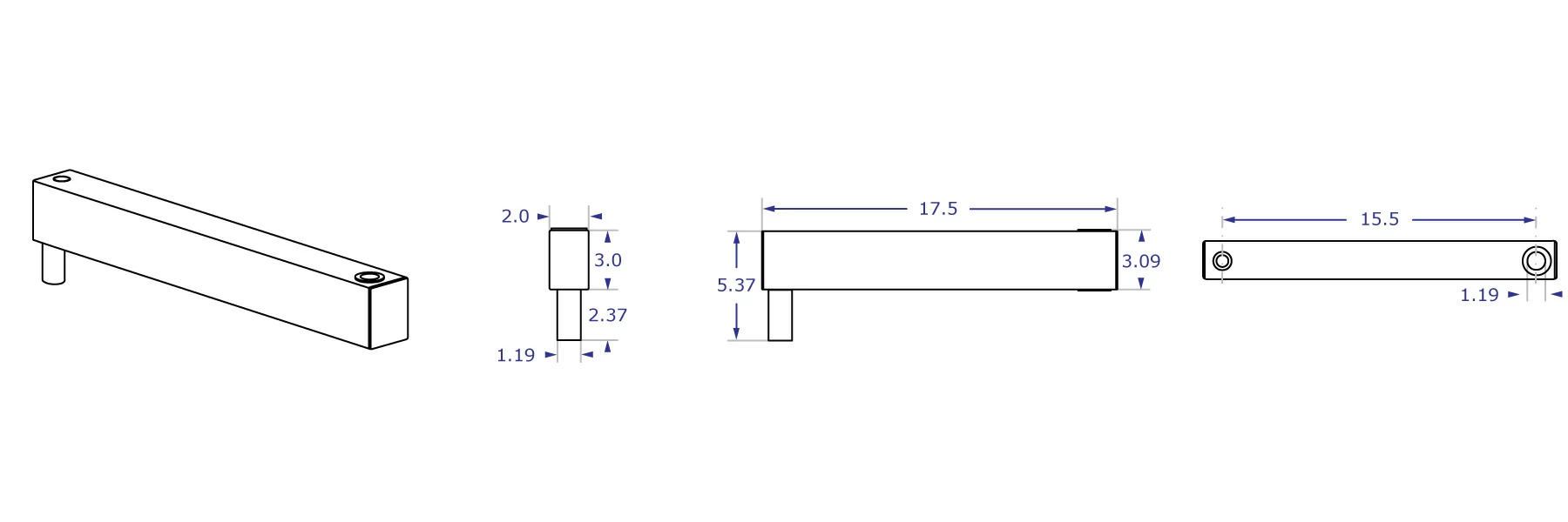 HDEXT 15.5 inch single pin heavy-duty extension specification drawings showing measurements for front, side and top views