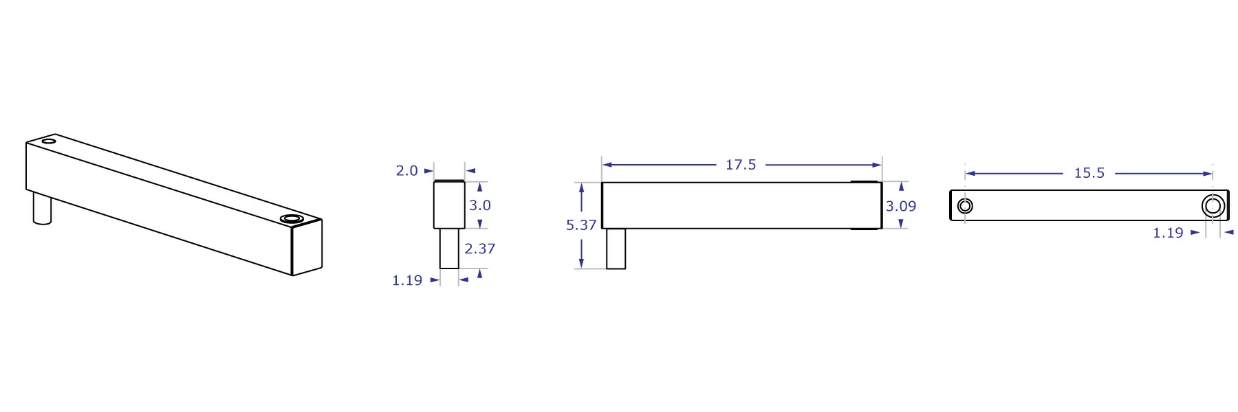 HDEXT 15.5" heavy-duty mount extension specification drawing shown from front, side and top with measurements