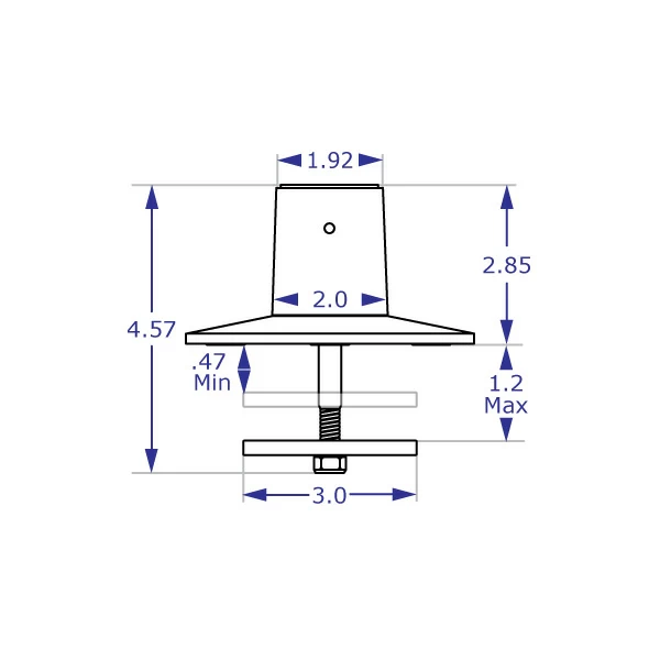 MKIT-A through-desk mount with baseplate specification drawing front view with measurements