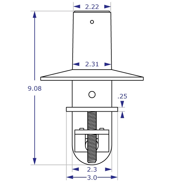 MKIT-C desk clamp mount specification drawing front view with measurements