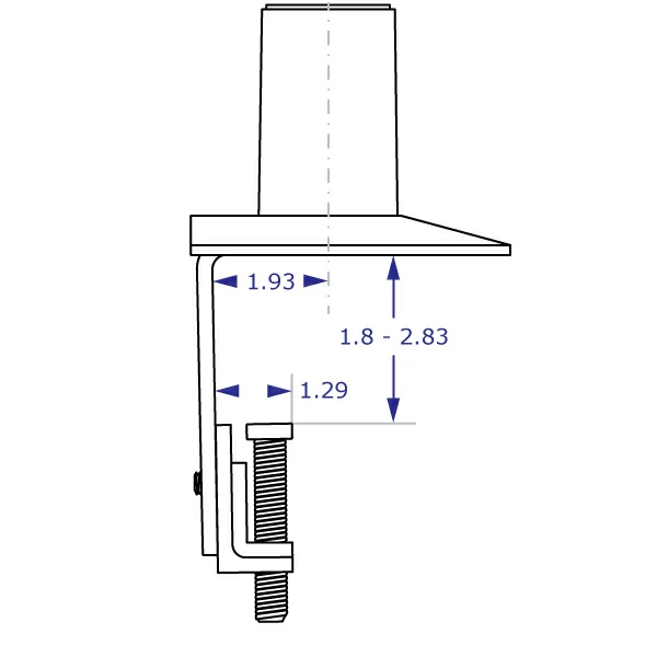 MKIT-C desk clamp mount specification drawing front view with measurements
