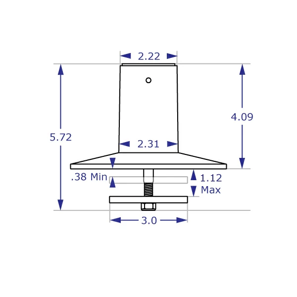 MKIT-C through-desk mount with baseplate specification drawing front view with measurements