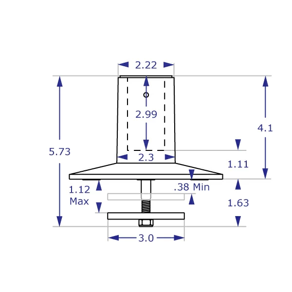 MKIT-G through-desk mount specification drawing front view with measurements