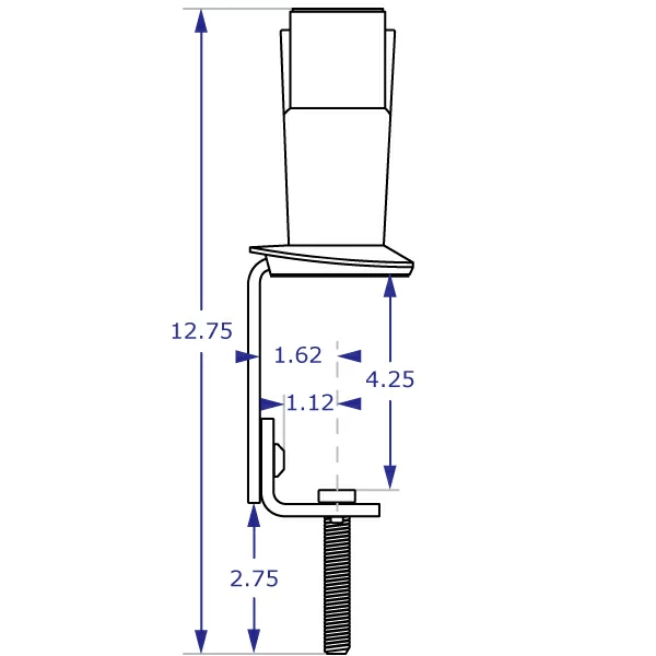 MKIT-L dual desk clamp mount specification drawing in maximum clamp size orientation with measurements side view