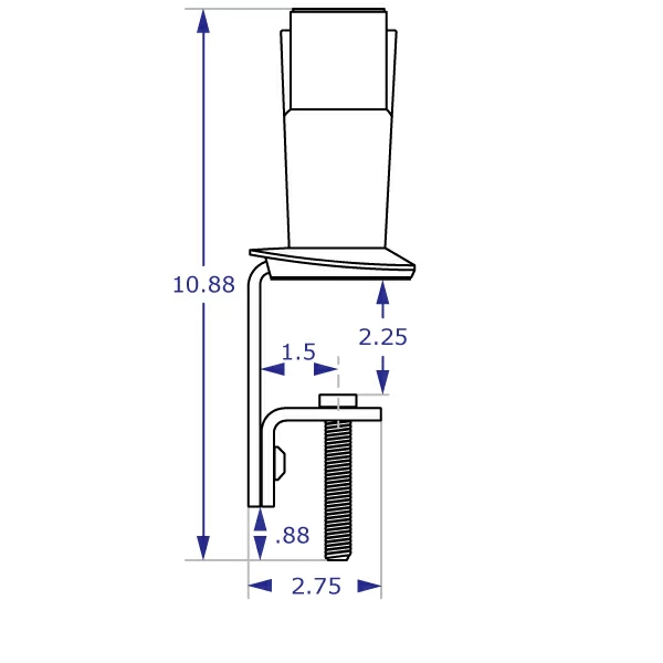 MKIT-L dual desk clamp mount specification drawing in minimum clamp size orientation with measurements side view