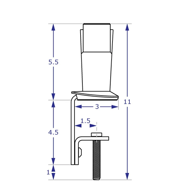 MKIT-L dual desk clamp mount specification drawing side view with measurements