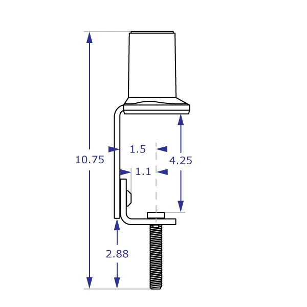 MKIT-P desk clamp mount specification drawing front view with measurements
