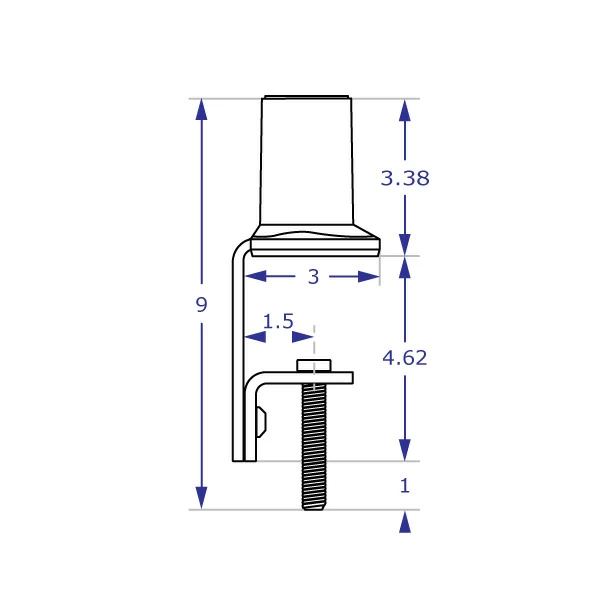 MKIT-P desk clamp mount specification drawing side view with measurements