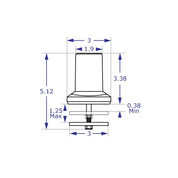 MKIT-P through-desk mount specification drawing front view with measurements