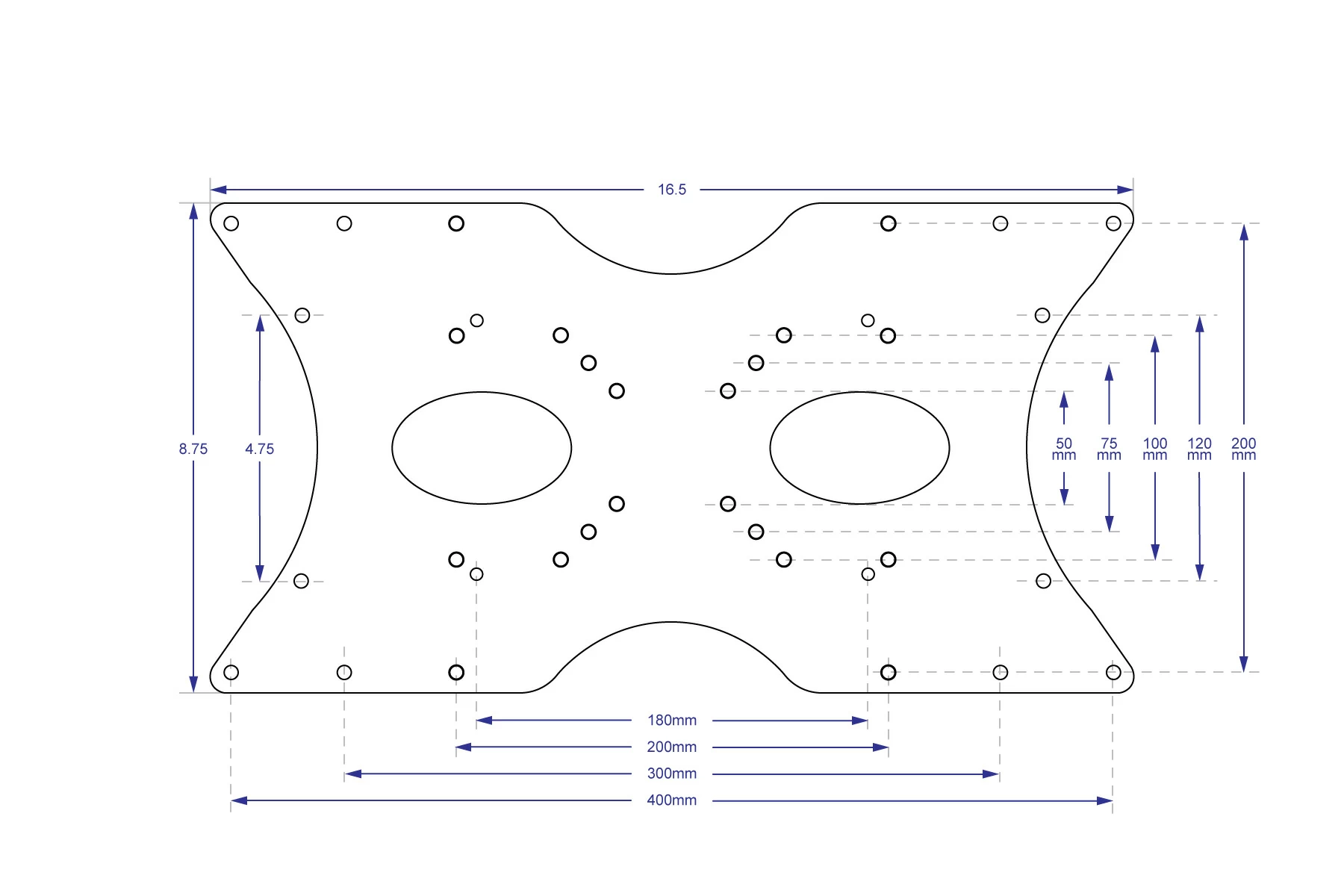 200x400 mm VESA Adaptor Plate Specification Drawing