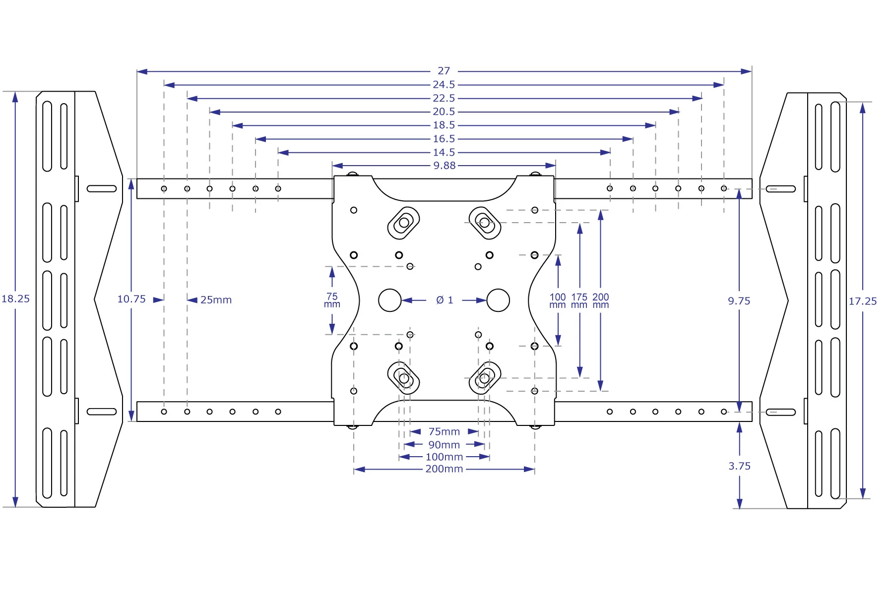 MSU4x6 large VESA adapter specification drawing front view with components separated for clarity with measurements