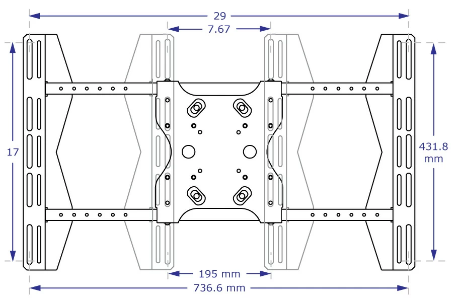 PM44 dual monitor pole mount specification drawings showing front views of MSU 400X600 VESA plate with measurements