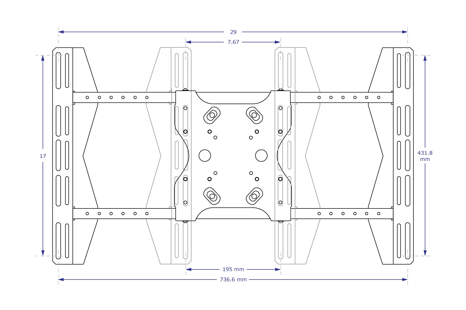 MSU4x6 large VESA adapter specification drawing front view shown at maximum and minimum widths with measurements