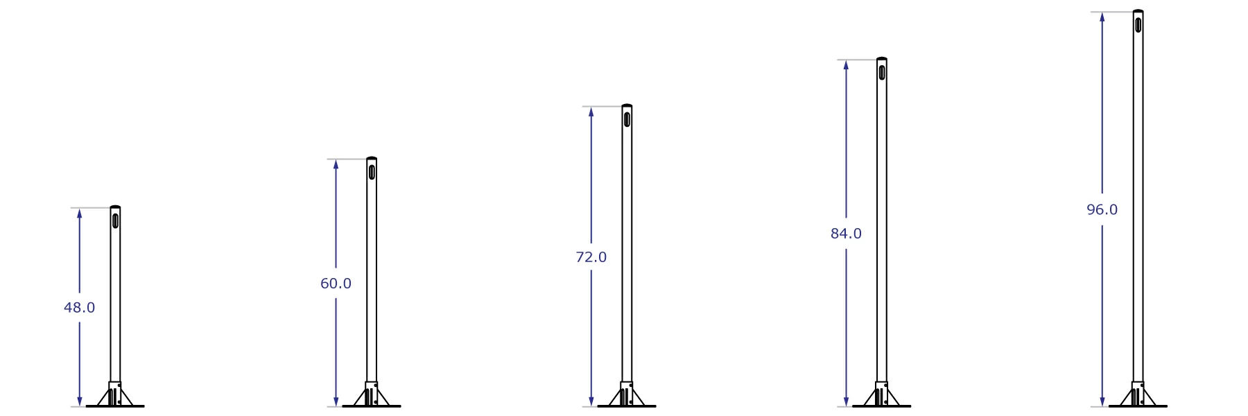 192CENTER pole floor stand specification drawings showing five available pole lengths