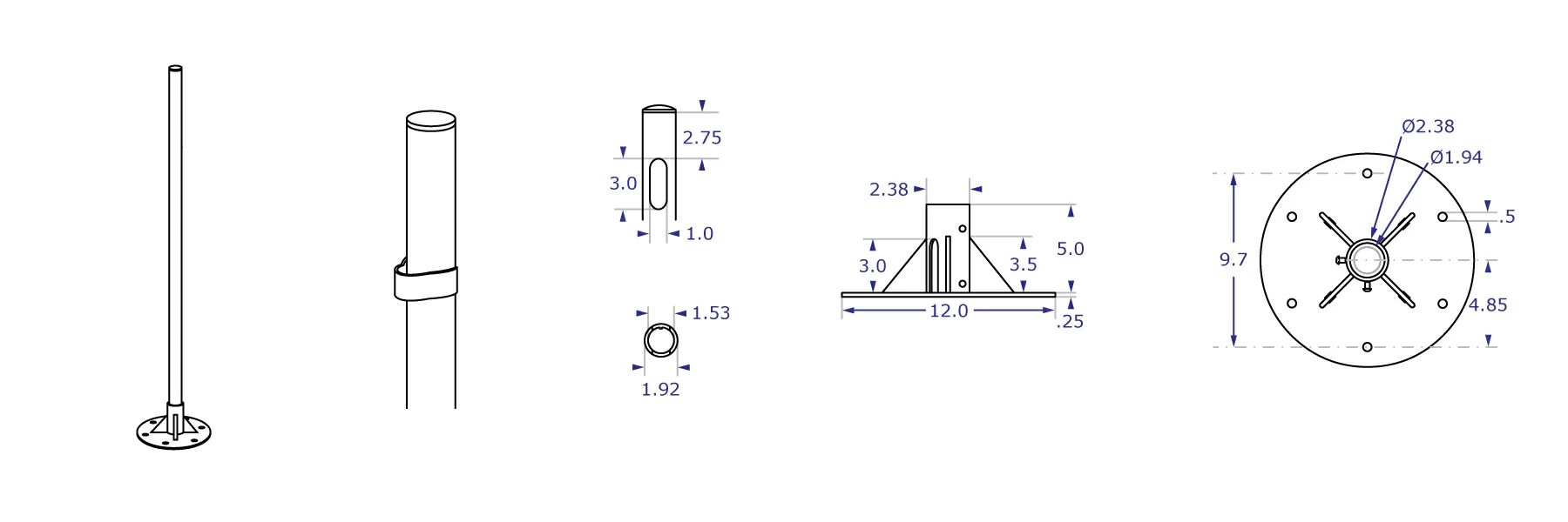 192CENTER pole floor stand specification drawings showing pole and base side and top views with measurements