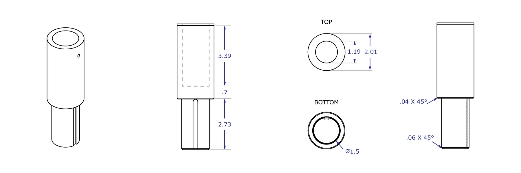A97 pole top mount specification drawings of sides, top and bottom views with measurements