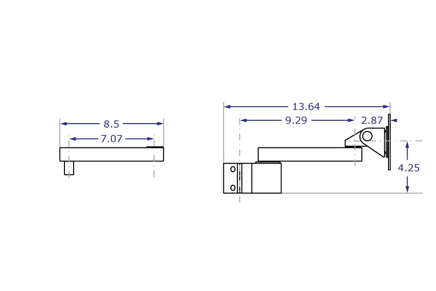 PM40 monitor pole mount with 7-inch extension specification drawing side view with measurements