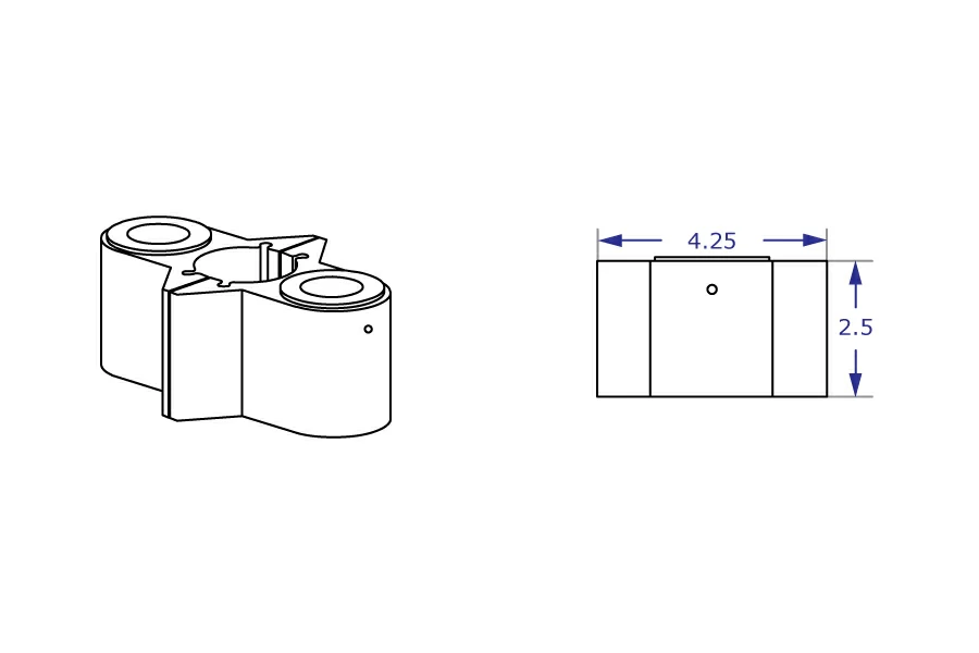 PM44 dual monitor pole mount specification drawings showing isometric view and front view with measurements