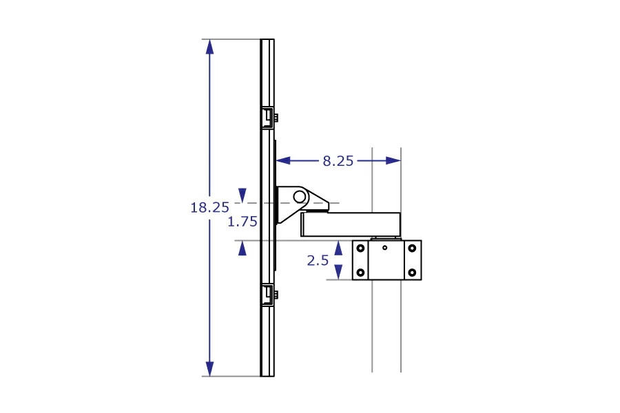 PM44 dual monitor pole mount specification drawings showing isometric view and front view with measurements