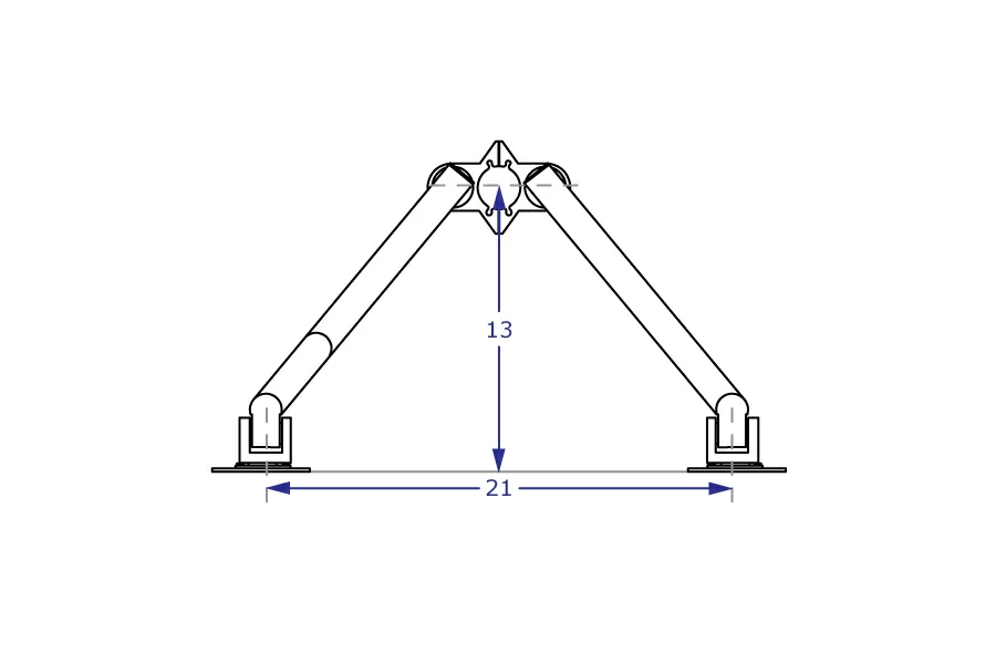 PM44 dual monitor pole mount with two straight arm 9.5" extensions specification drawing showing vertical reach with 21-inch wide monitors