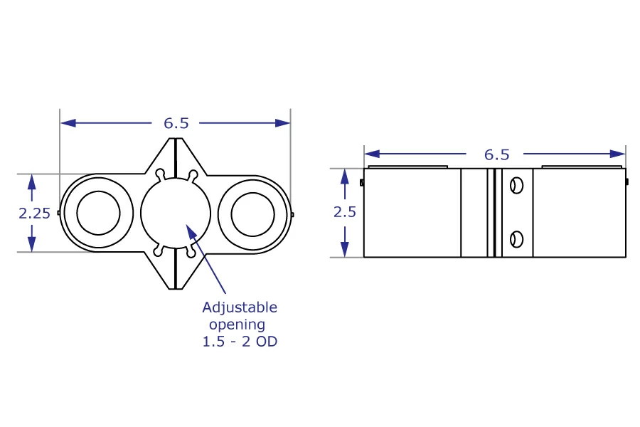 PM44 dual monitor pole mount specification drawings showing top and side views with measurements