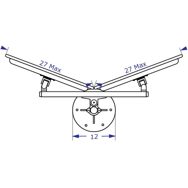 PM62 dual monitor pole mount specification drawing showing maximum monitor width in curved configuration