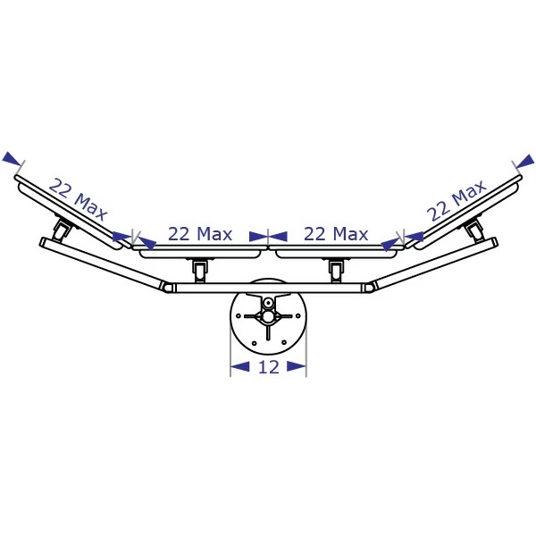 PM64 quad monitor pole mount specification drawing showing maximum monitor width in curved configuration