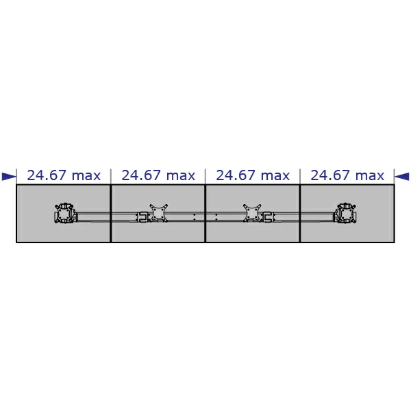 PM64 quad monitor pole mount specification drawing showing maximum monitor width in flat configuration