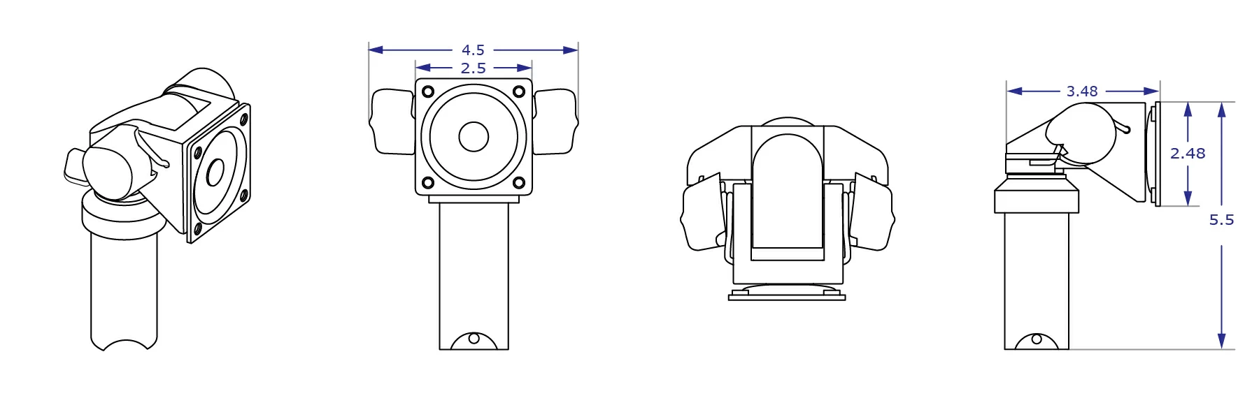 PM90 pole top monitor mount with HD tilter head attached specification drawing showing front, top and side views with measurements