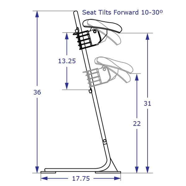 PROP SIT-STAND prop seating specification drawing showing measurements for standing lowest and highest seat heights side view