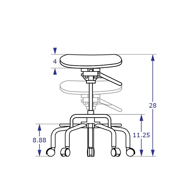 SPIDER-SITSTAND standing chair specification drawing showing measurements for sitting lowest and highest seat heights front view