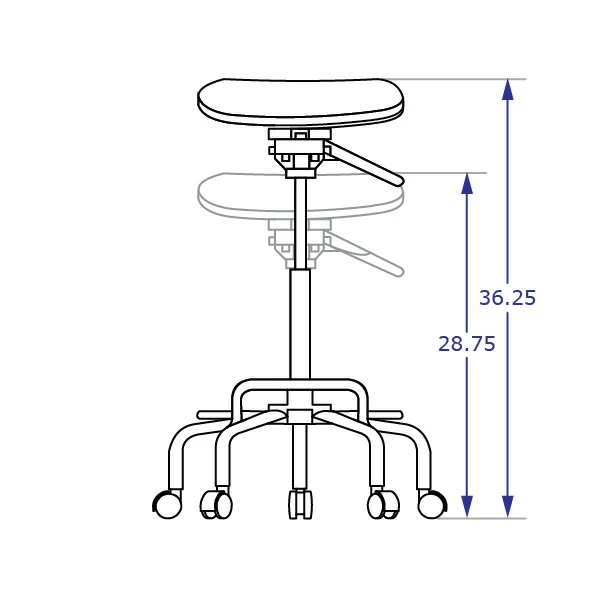SPIDER-SITSTAND industrial adjustable seating specification drawing showing measurements for standing lowest and highest seat heights front view