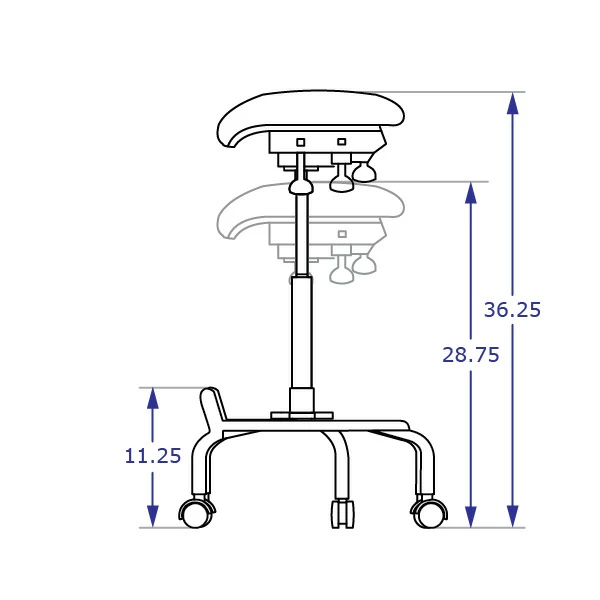 SPIDER-SITSTAND industrial adjustable seating specification drawing showing standing lowest and highest seat heights side view with measurements