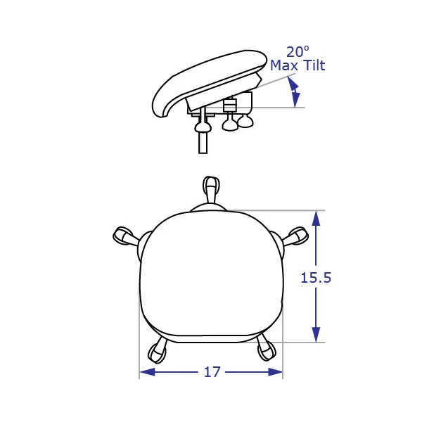 SPIDER-SITSTAND industrial adjustable seating specification drawing showing seat tilt and dimensions top view