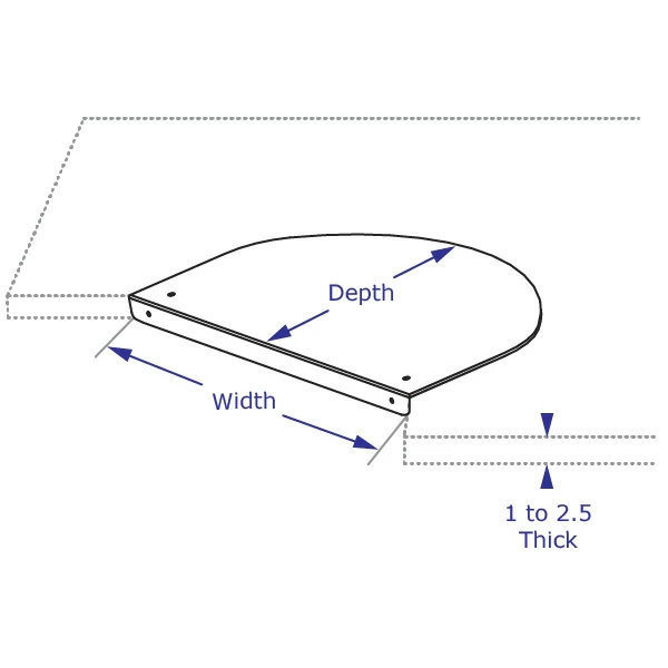 CORNERSHAPER desk corner keyboard tray specification drawing isometric view with table indicating each size option's dimensions