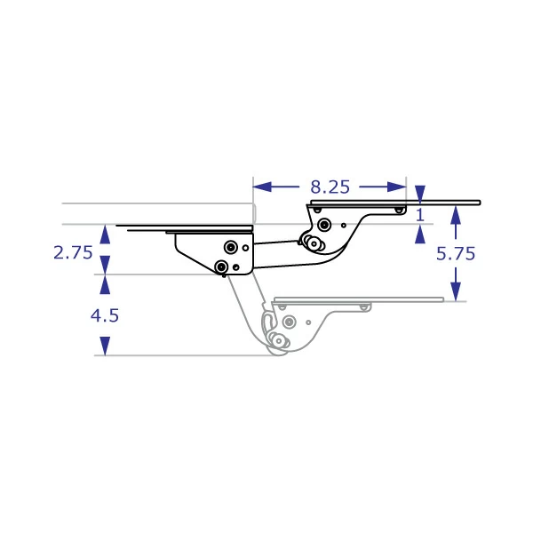IS-C-KIT ergonomic keyboard tray specification drawing showing a side view of tray height adjustment with measurements