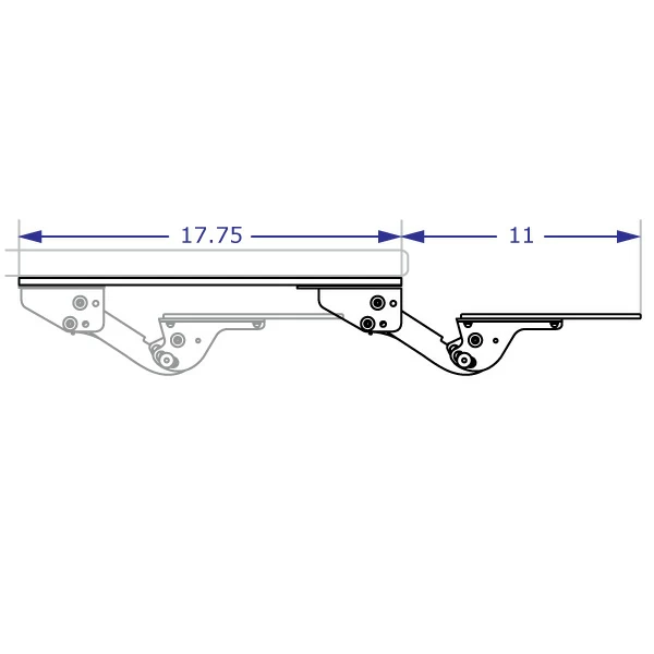 IS-C-KIT ergonomic keyboard tray specification drawing demonstrating the tray fully stowed and pulled outwards side view with measurements